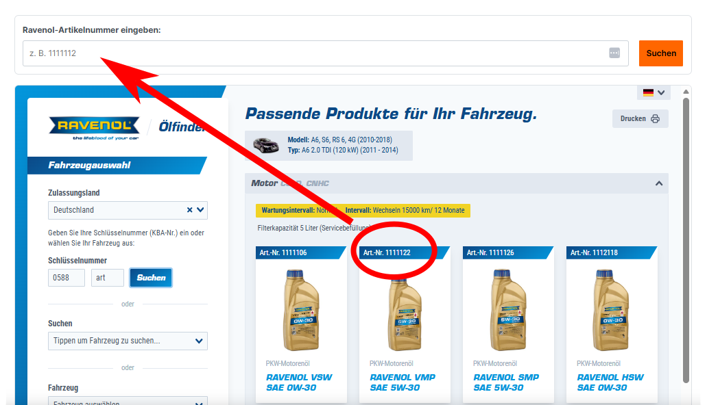 Wo finde ich die Ravenol-Artikelnummer? Screenshot mit Pfeil auf die Nummer.