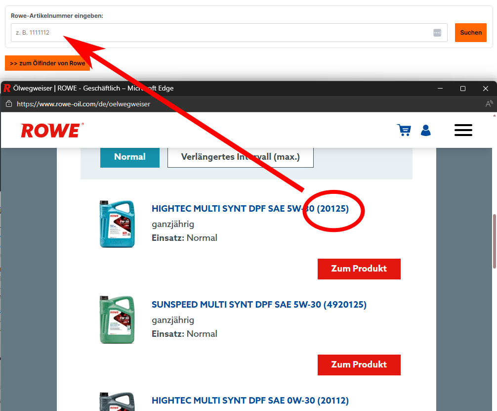 Wo finde ich die Rowe-Artikelnummer? Screenshot mit Pfeil auf die Nummer.