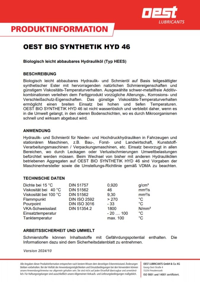 OEST Bio Synthetik HYD 46 Biohydrauliköl Hees 46 HLP, 20 Liter